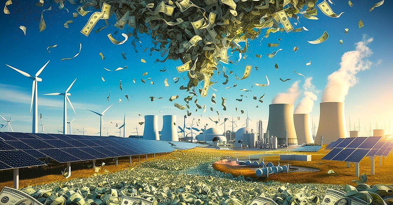 AI image of cash raining on energy projects